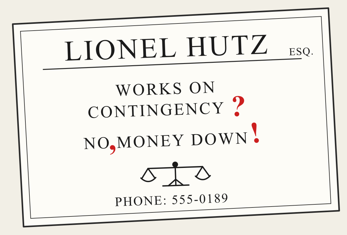 The same business card, with three marks added in red pen: a question mark after contingency, a comma after no, and an exclamation mark after down.