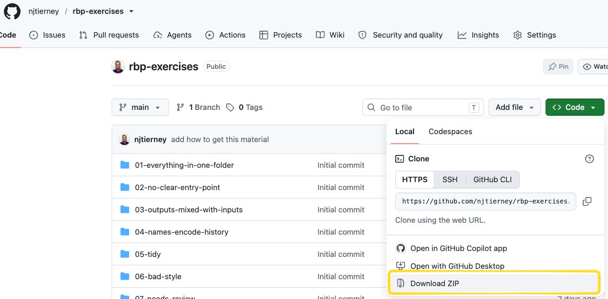 The rbp-exercises repository on GitHub, showing the numbered exercise folders. The green Code button has been clicked and its dropdown is open, with Download ZIP highlighted at the bottom of the list.