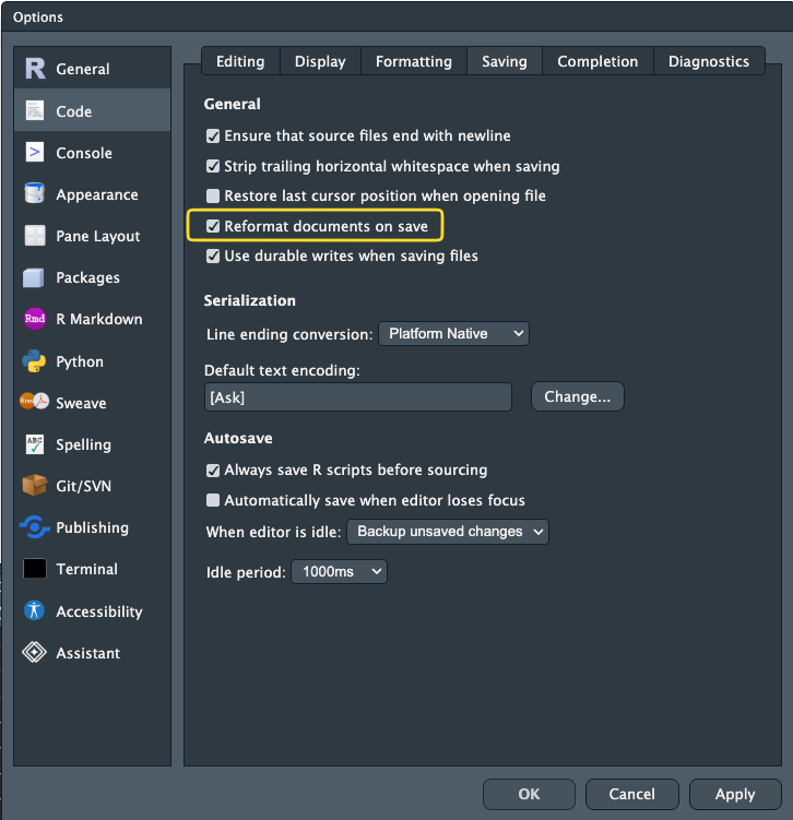 RStudio's Options window, on the Code section and the Saving tab. Under General, Reformat documents on save is ticked and highlighted, sitting among the other saving options such as ensuring source files end with a newline and stripping trailing whitespace.