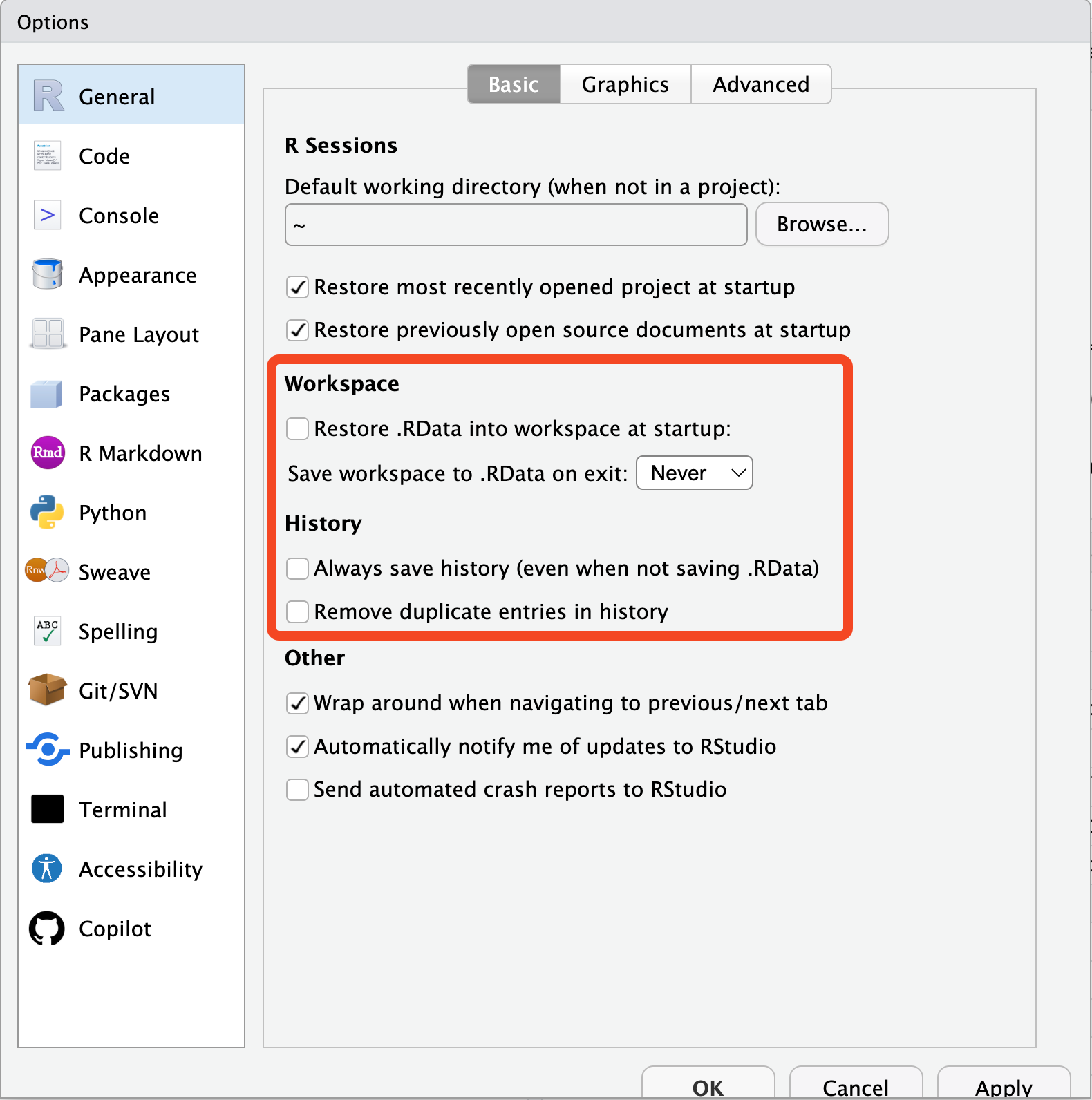 Setting the options so you neither restore nor save your previous session's work.