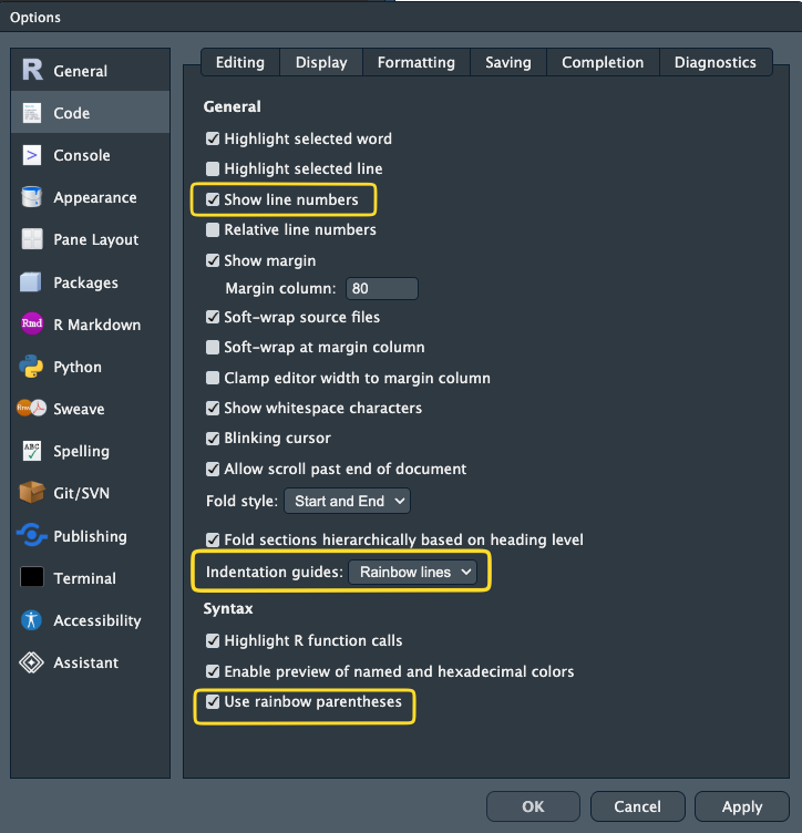 RStudio's Options window, on the Code section and the Display tab. Three settings are highlighted: Show line numbers, ticked; Indentation guides, set to Rainbow lines; and Use rainbow parentheses, ticked.