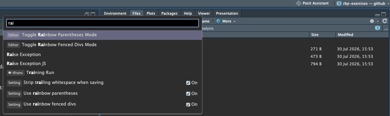 The RStudio command palette open over the editor, with rai typed into the search box. The matching results include Toggle Rainbow Parentheses Mode and Toggle Rainbow Fenced Divs Mode, along with the settings themselves, each showing an On toggle. You never had to know which options page they lived on.