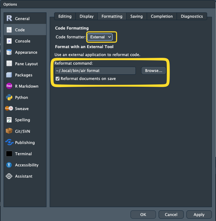 RStudio's Options window, on the Code section and the Formatting tab. Code formatter is set to External, highlighted. Below it the Reformat command box contains ~/.local/bin/air format, and Reformat documents on save is ticked, both highlighted together.
