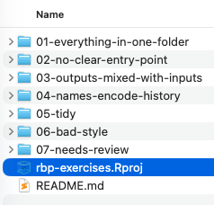The unzipped rbp-exercises folder in a file browser, listing the numbered exercise folders. rbp-exercises.Rproj is highlighted, with README.md underneath it. That .Rproj file is the one to open.