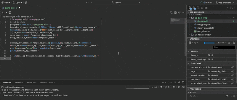 An animation in Positron, with the unformatted demo-air.R open from the 06-bad-style folder. Running Air: Initialize Workspace Folder from the command palette writes the recommended settings into the project, after which saving the file reformats it.