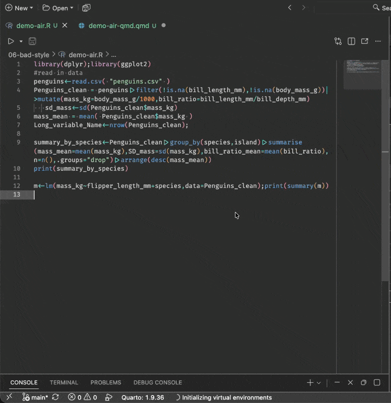 An animation in Positron with two tabs open, demo-air.R and demo-air-qmd.qmd. With the Quarto formatter configured, saving the Quarto document reformats the R code inside its chunks, which is the thing RStudio will not do.