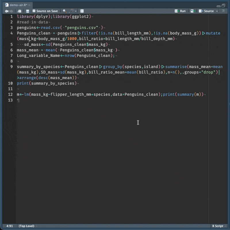 An animation of format on save in RStudio. The script starts crammed together - two library calls on one line, no spaces around the assignment arrows or the commas, and pipelines running past the edge of the editor. On save, the whole file reflows: one statement per line, spaces around every operator, and each step of the pipeline on its own indented line. Nothing about what the code does has changed.