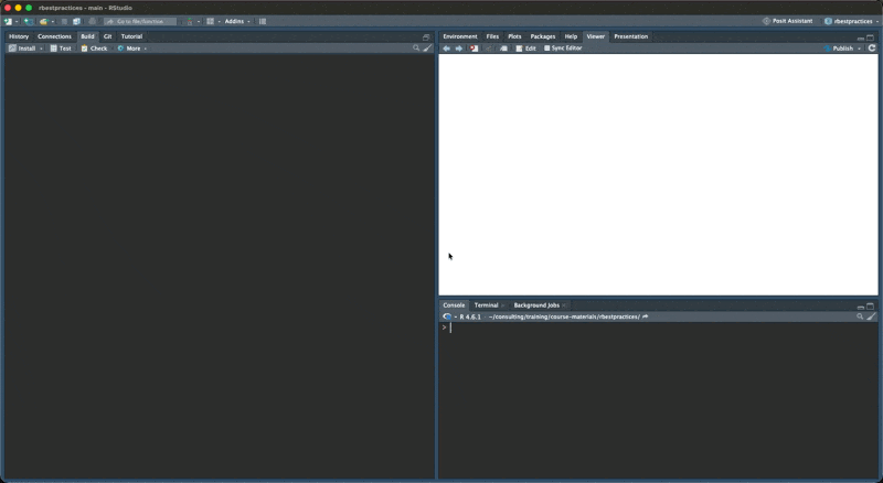 An animation of use_course running in RStudio. It asks permission to download the exercises, unpacks them into a folder on the Desktop, and opens that folder as a new RStudio project in a fresh session, with the numbered exercise folders listed in the Files pane.